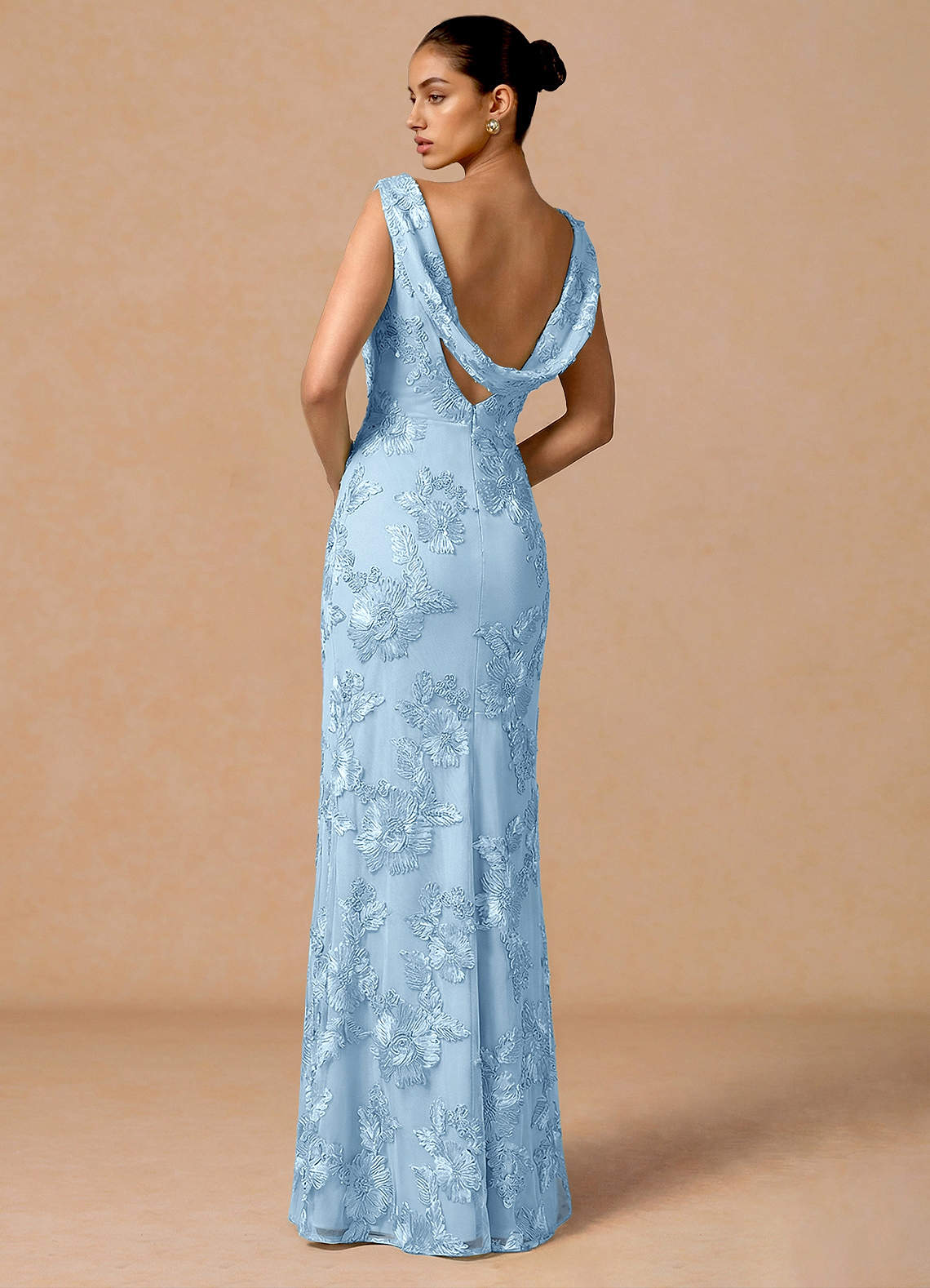 Elowis Column Open-Back Floral Mesh Evening Dress in Sky Blue