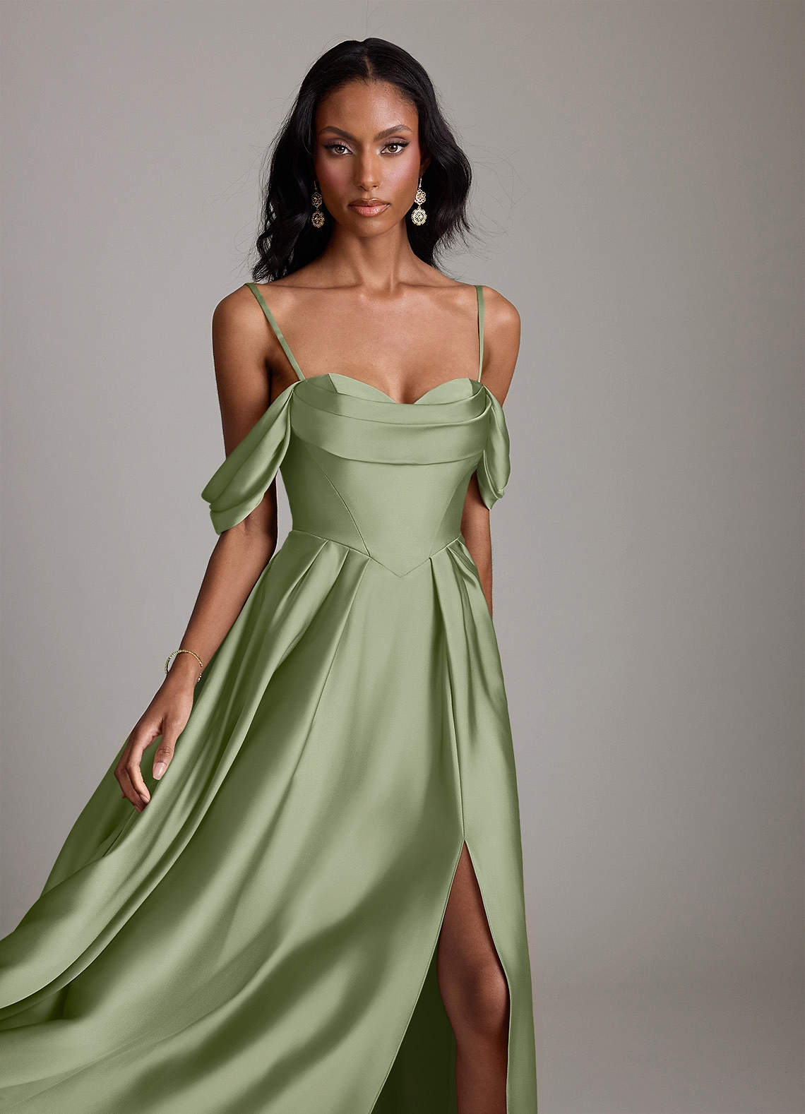 Loisa A-Line Off-the-Shoulder Stretch Satin Bridesmaid Dress in Pistachio