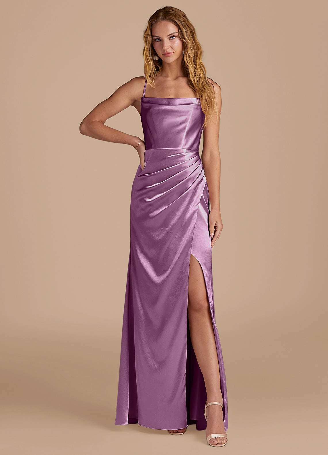Marzia Mermaid Square-Neck Metallic Satin Bridesmaid Dress in Wisteria