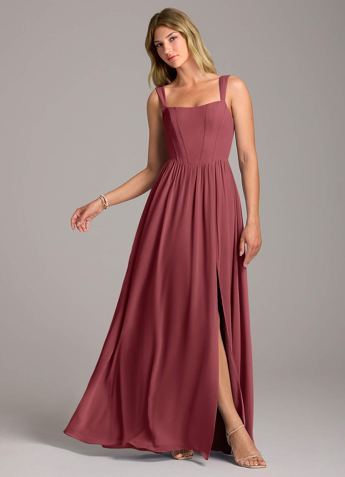 Rosaline A-Line Square-Neck Chiffon Bridesmaid Dress in Merlot