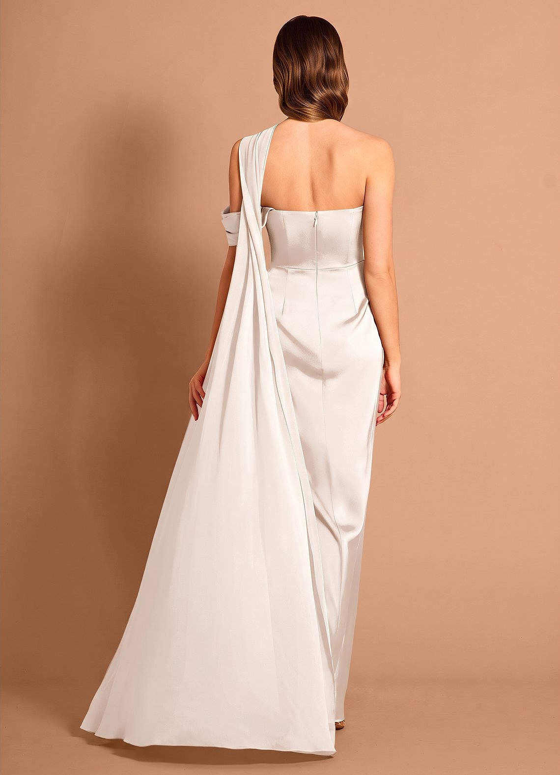 Meliora Asymmetric Strapless Chiffon-Drape Stretch Satin Evening Dress in Cream