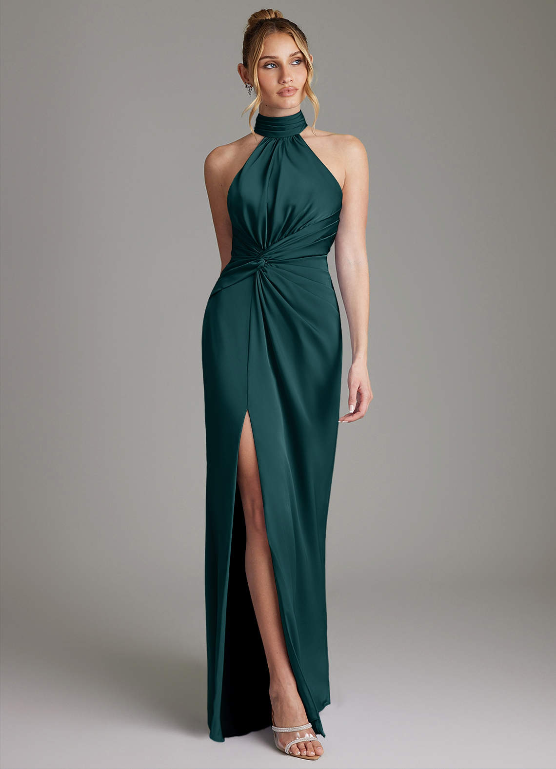 Gracelynn Sheath Halter Stretch Satin Bridesmaid Dress in Pine