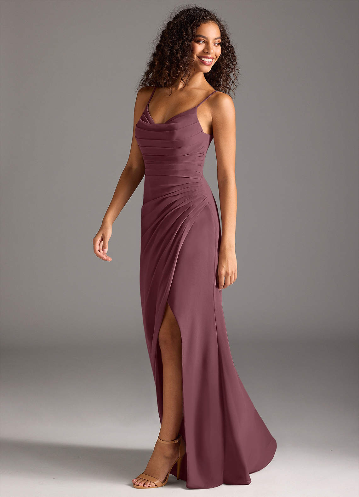 Deandra Mermaid Cowl-Neck Chiffon Bridesmaid Dress in Sangria