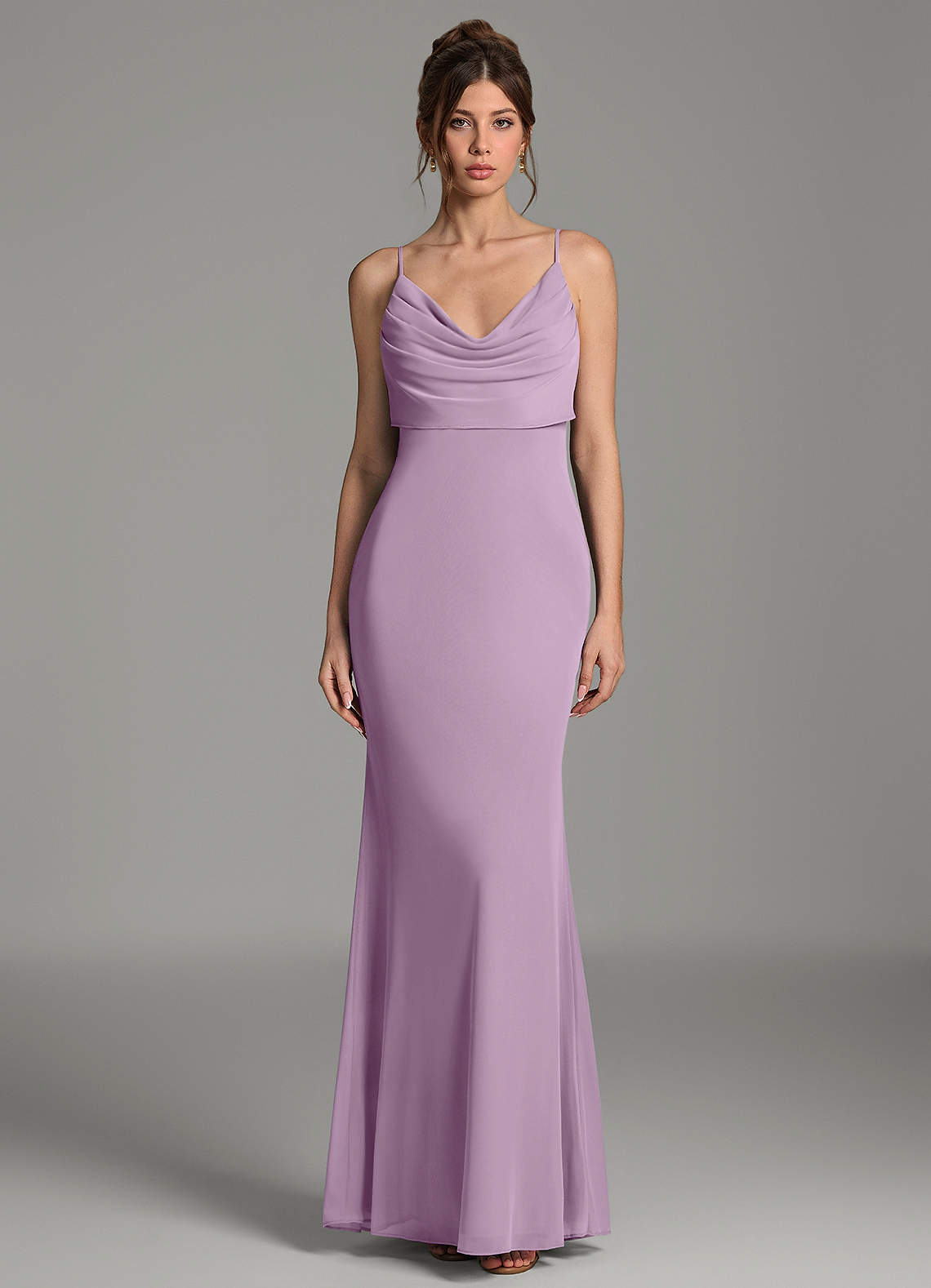 Zari Mermaid Cowl-Neck Mesh Bridesmaid Dress in Wisteria