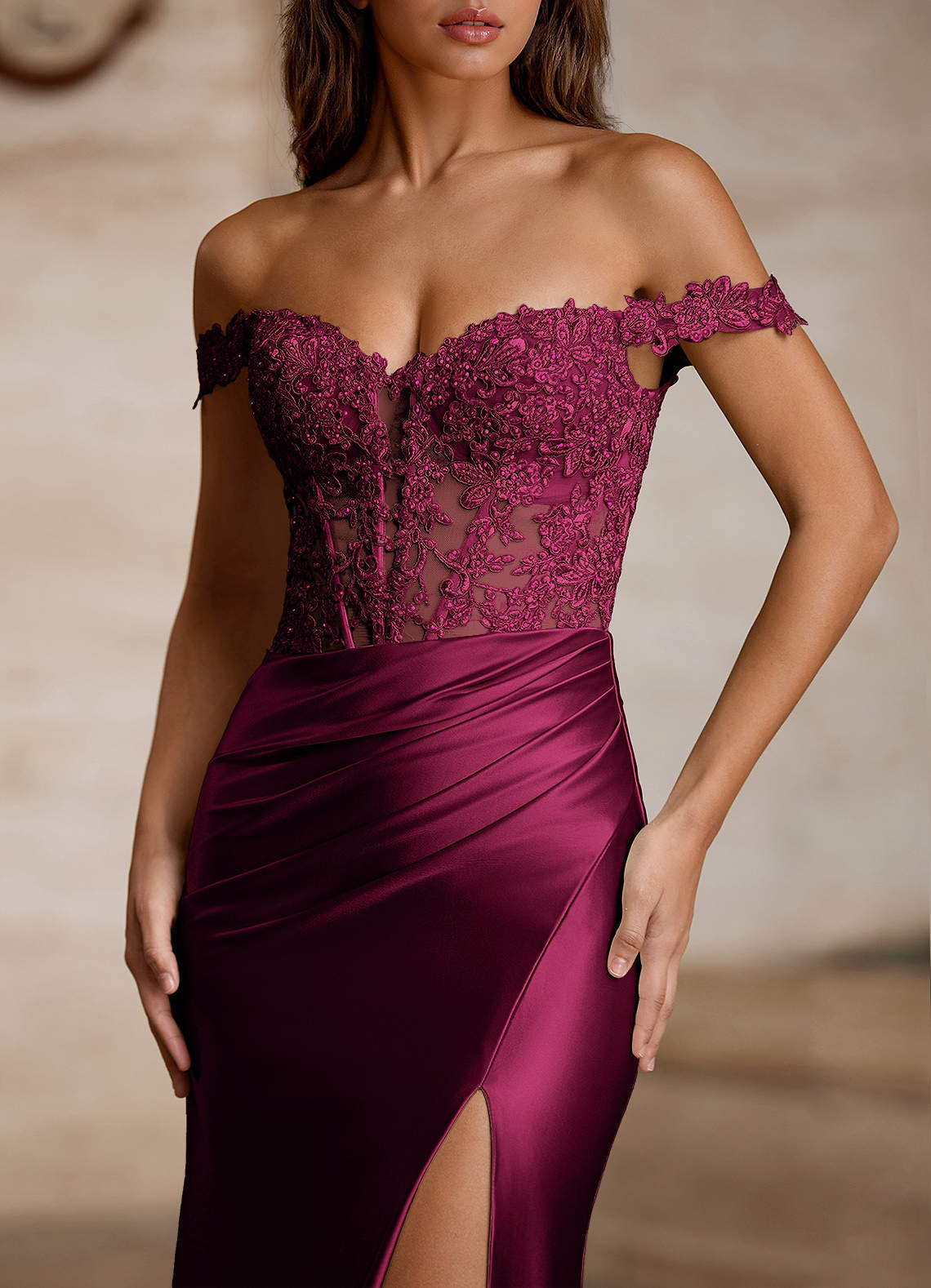 Wrentino Mermaid Off-the-Shoulder Stretch Satin Evening Dress in Wine