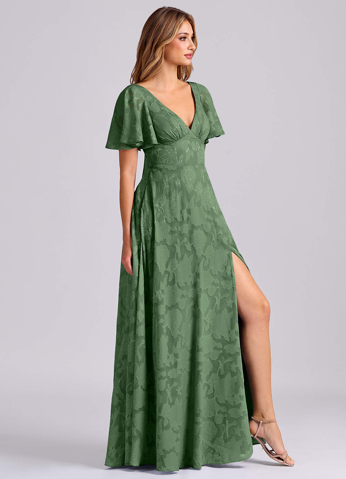 Kimber A-Line V-Neck Floral Burnout Bridesmaid Dress in Eucalyptus