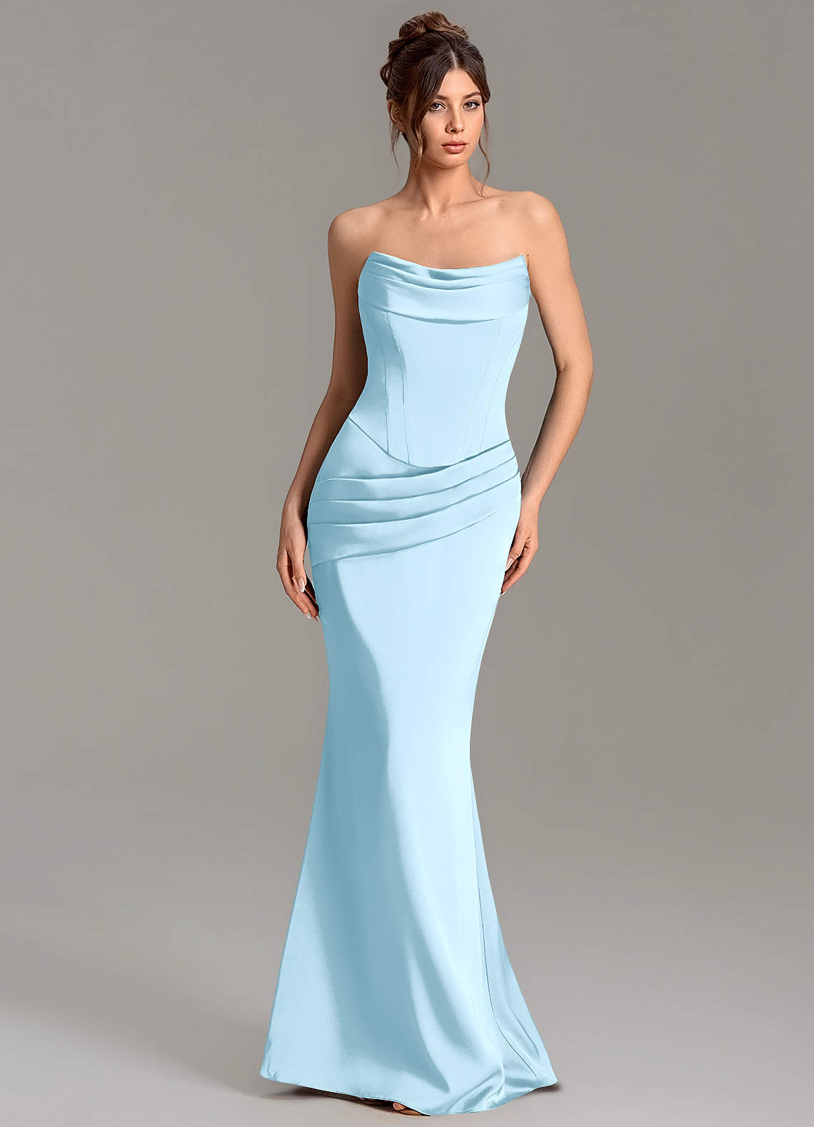 Adrienne Mermaid Cowl-Neck Stretch Satin Bridesmaid Dress in Sky Blue
