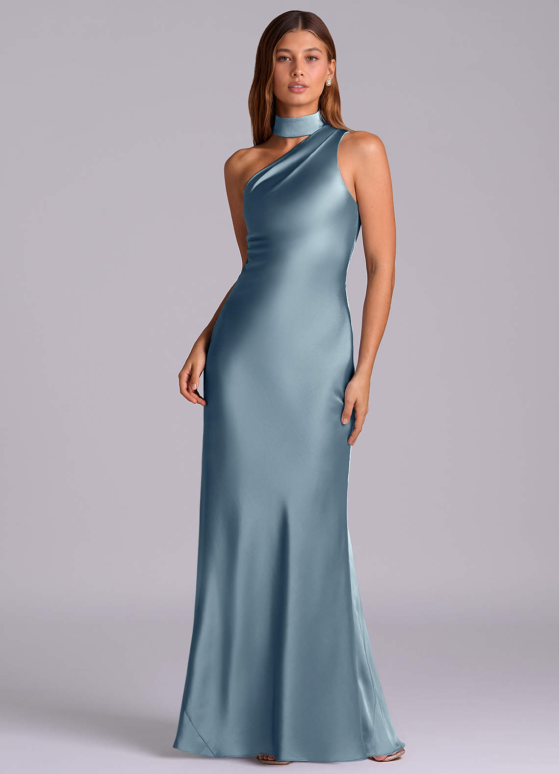 Seona Mermaid One-Shoulder Stretch Satin and Tulle Bridesmaid Dress in dusty blue