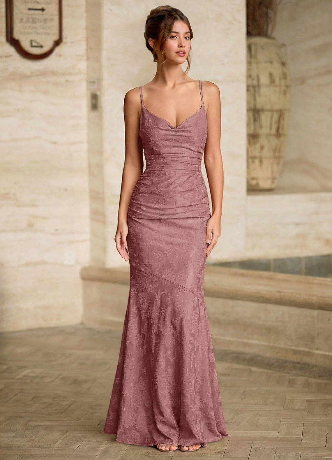 Leahenmo Mermaid Cowl-Neck Floral Burnout Prom Dress in Light Pink