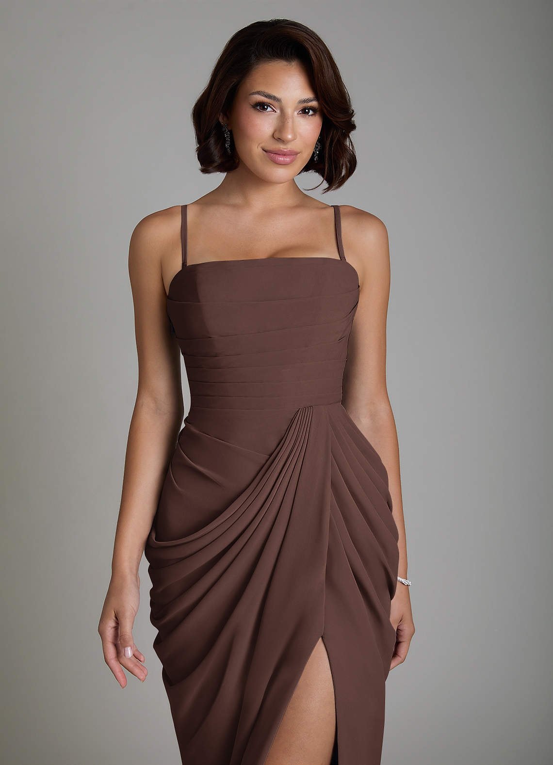 Nyra Sheath Strapless Chiffon Bridesmaid Dress in Ganache