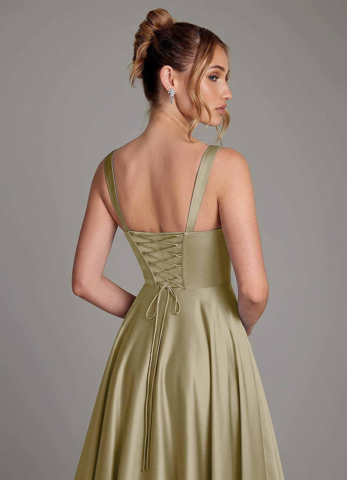 Azaria A-Line Square-Neck Stretch Satin Bridesmaid Dress in Moss Green