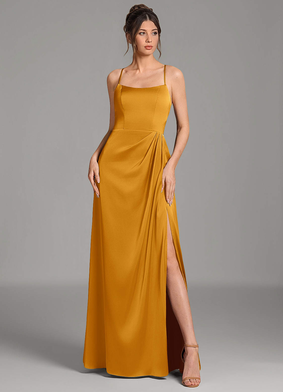 Frankie A-Line Scoop-Neck Stretch Satin Bridesmaid Dress in butterscotch