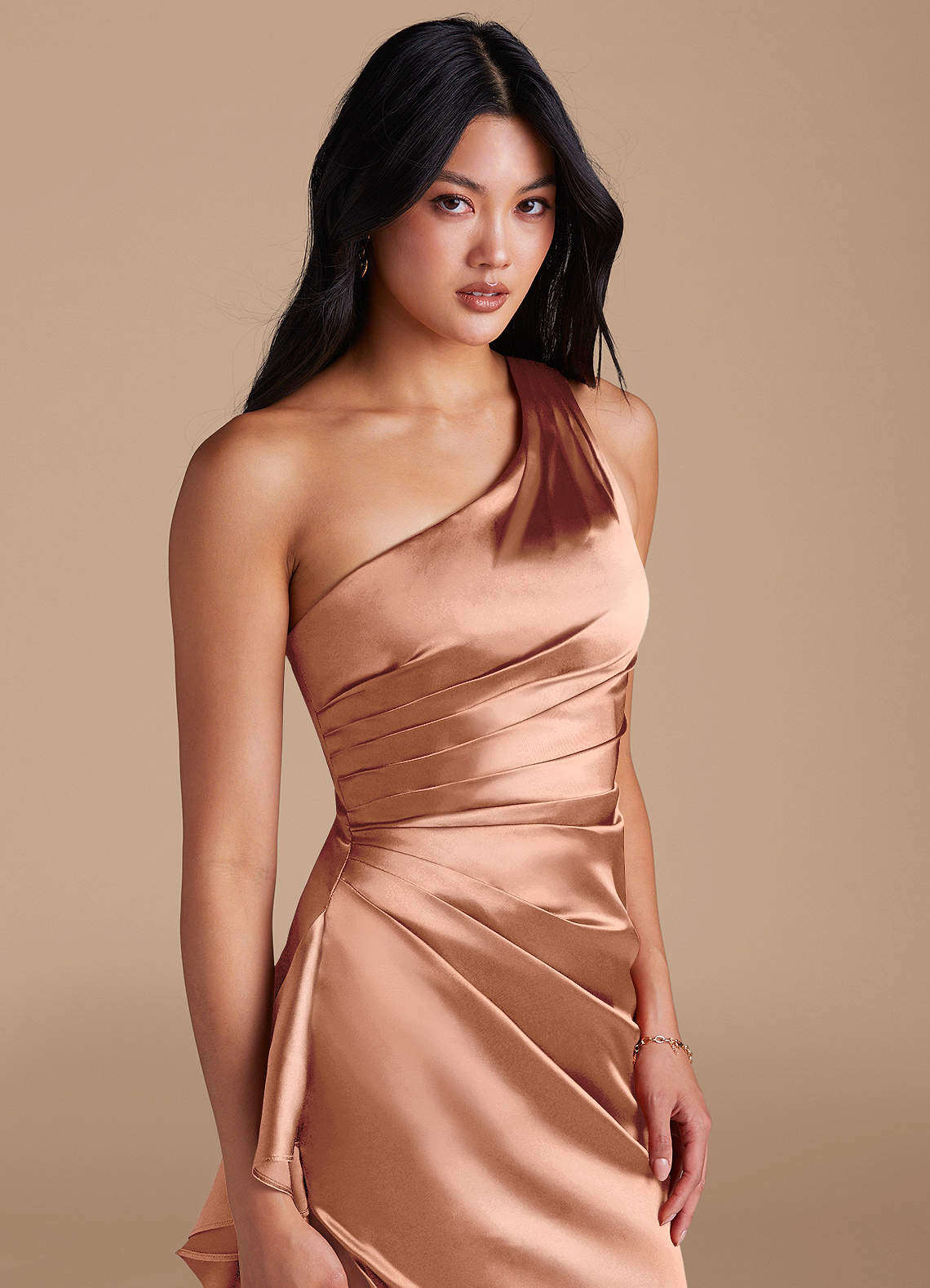 Latrice Sheath One-Shoulder Metallic Satin Bridesmaid Dress in Bronzer