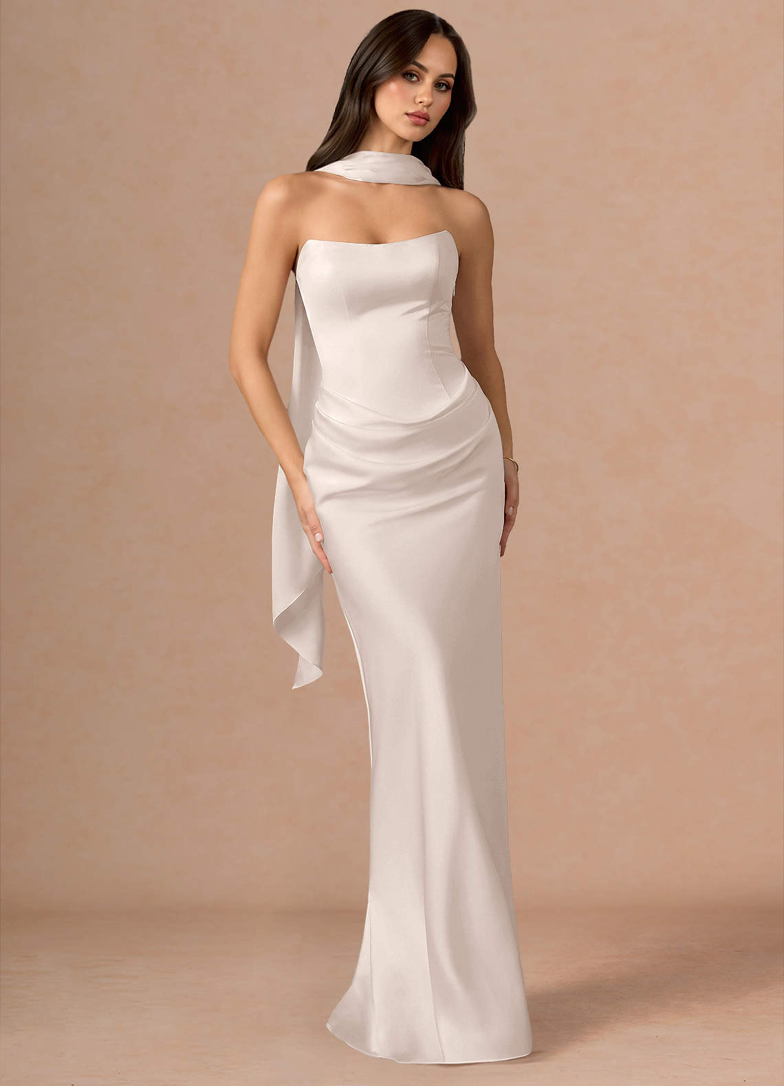 Valencia Scarf Lace-Up Stretch Satin Evening Dress in Dusty Blue