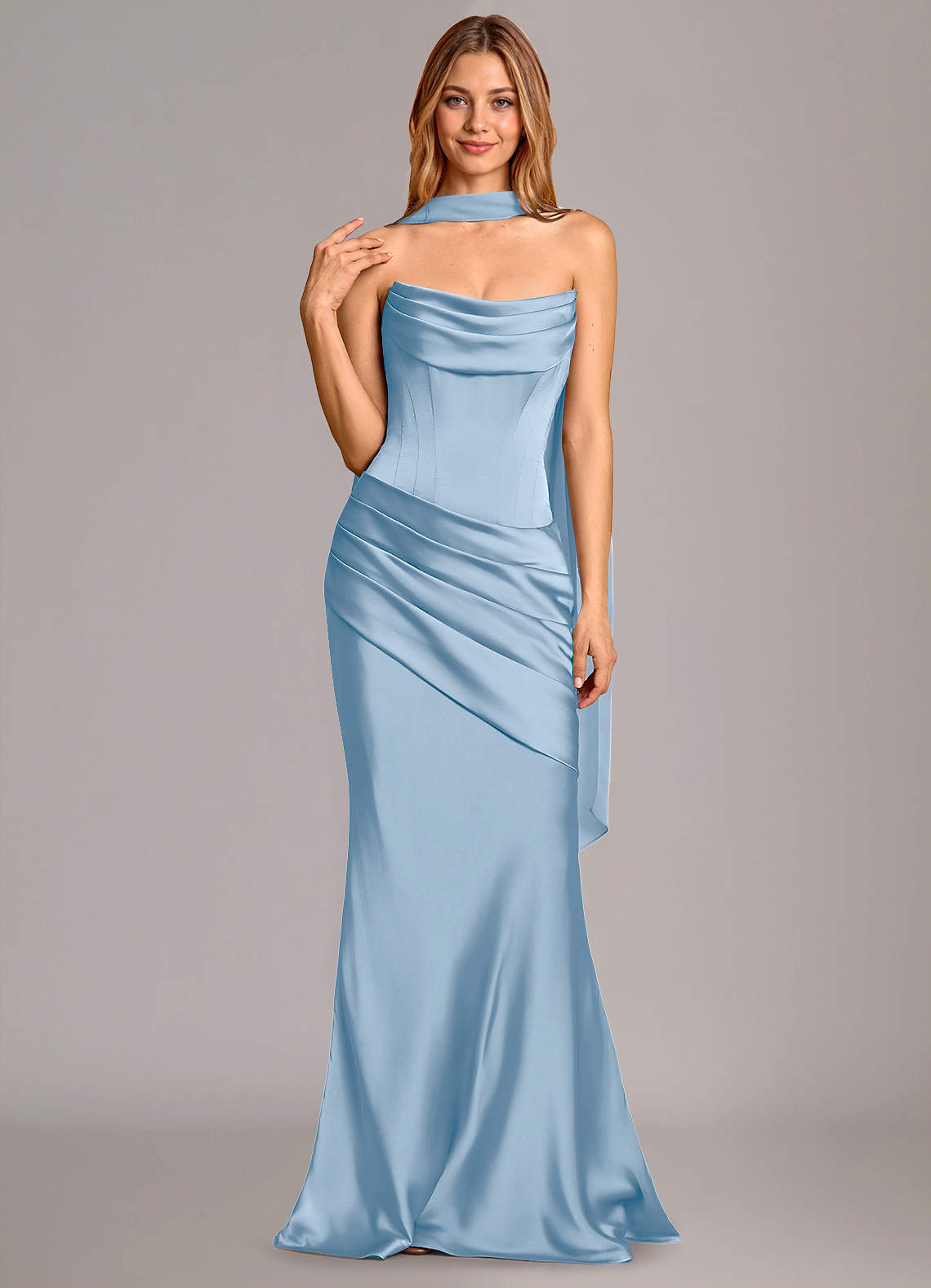 Pelagia Mermaid Cowl-Neck Stretch Satin Bridesmaid Dress in Powder Blue