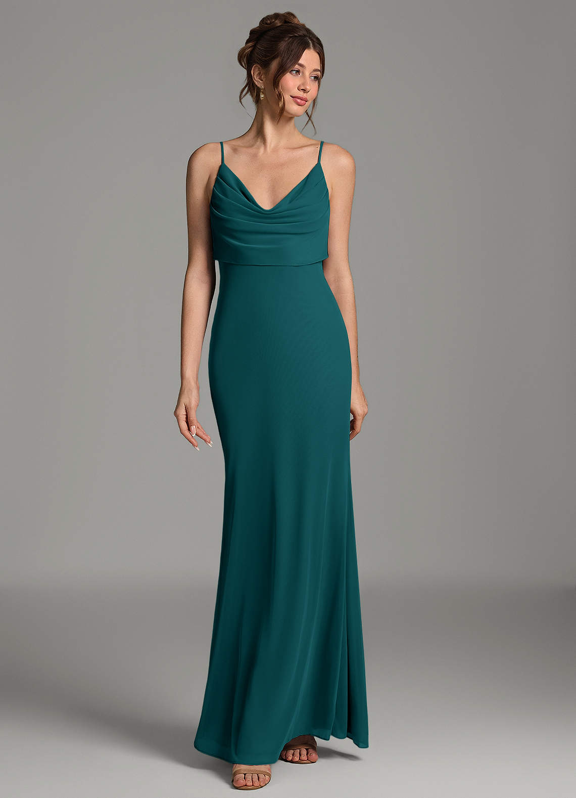 Zari Mermaid Cowl-Neck Mesh Bridesmaid Dress in Peacock