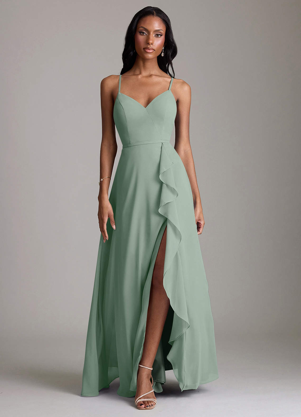 Naeem A-Line V-Neck Chiffon Bridesmaid Dress in Silver Sage