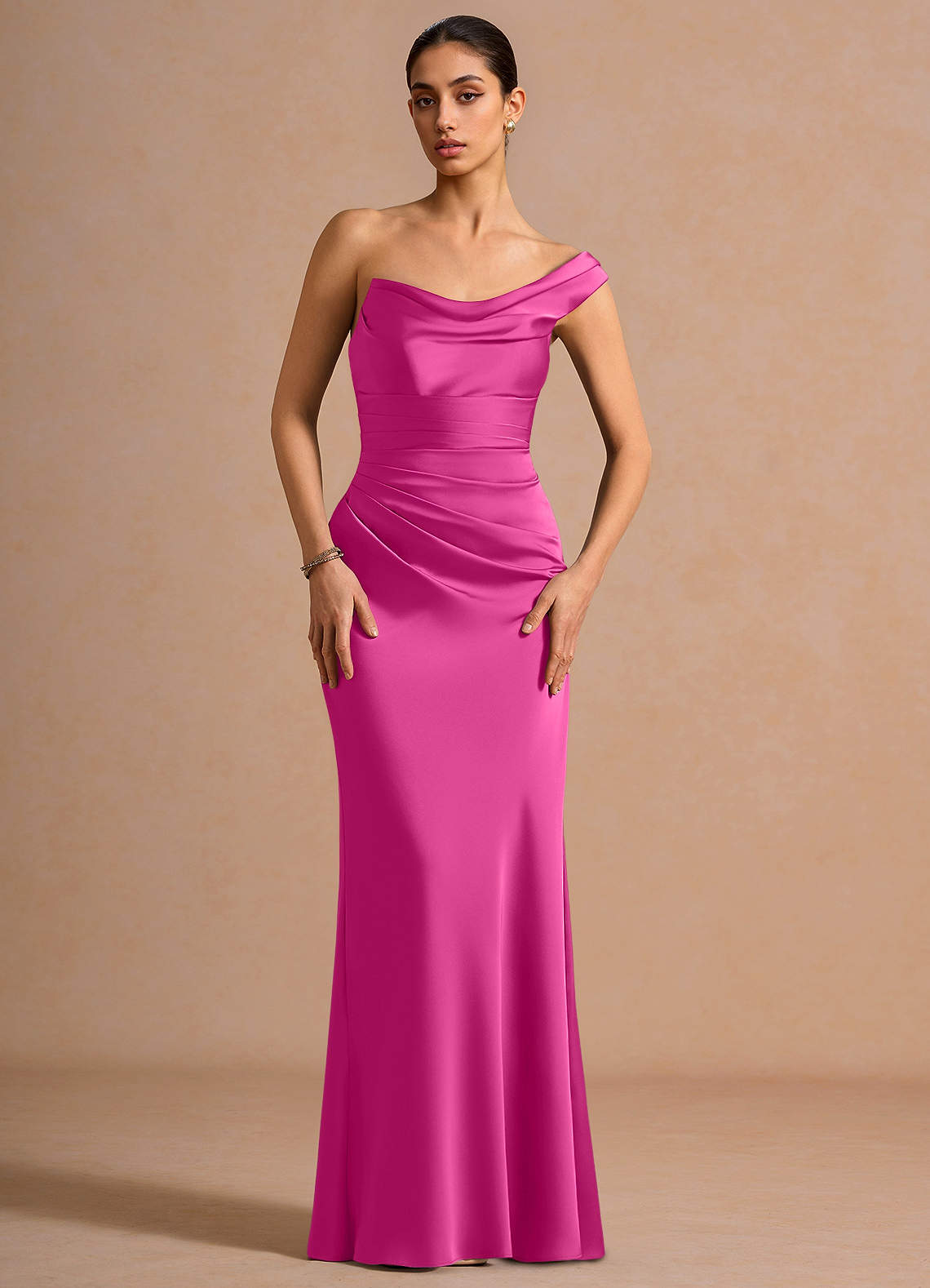 Cassiopeia One-Shoulder Draped Stretch Satin Evening Dress in Hot Pink