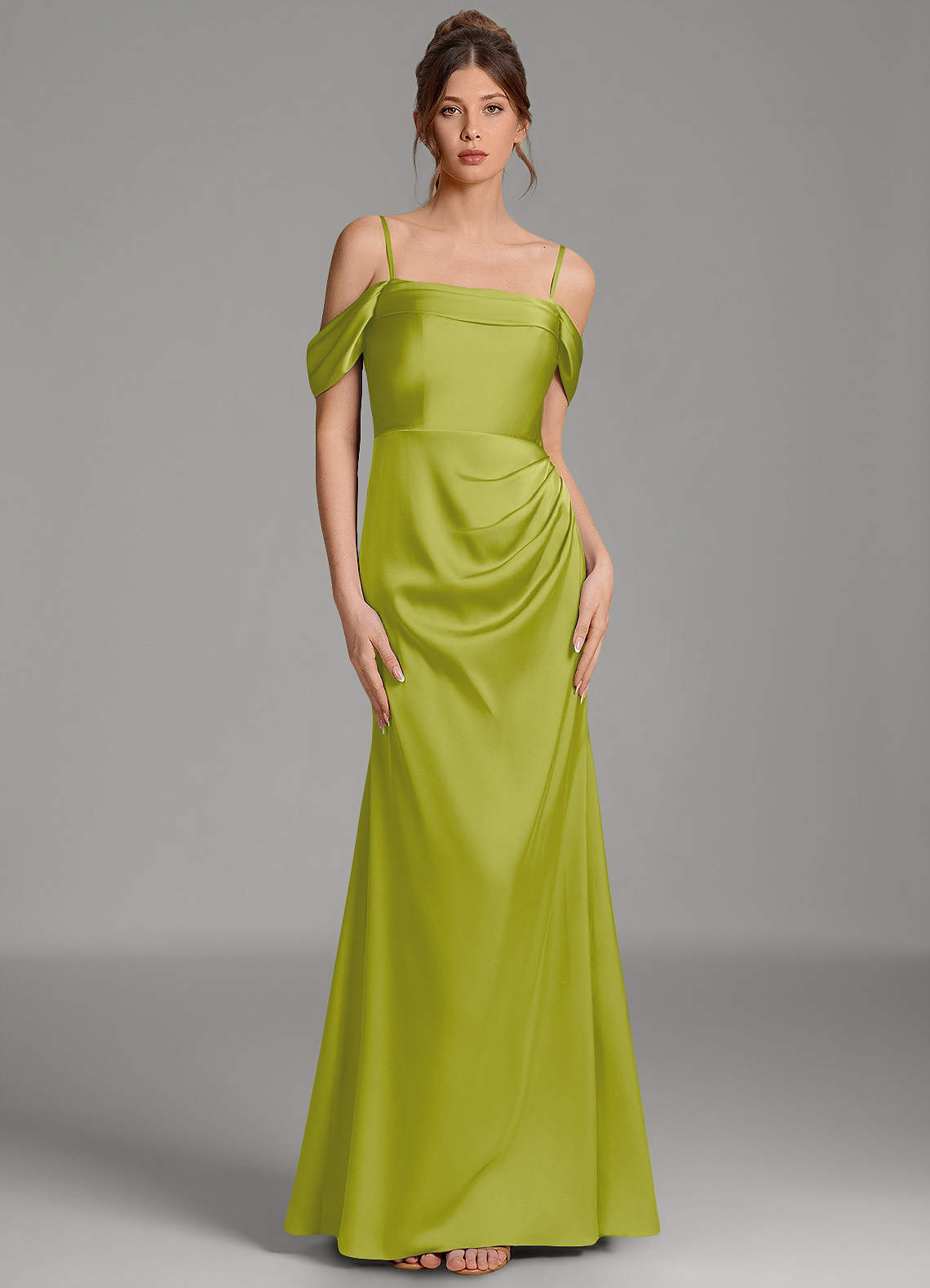 Wyatt Mermaid Off-the-Shoulder Stretch Satin Bridesmaid Dress in Lemongrass