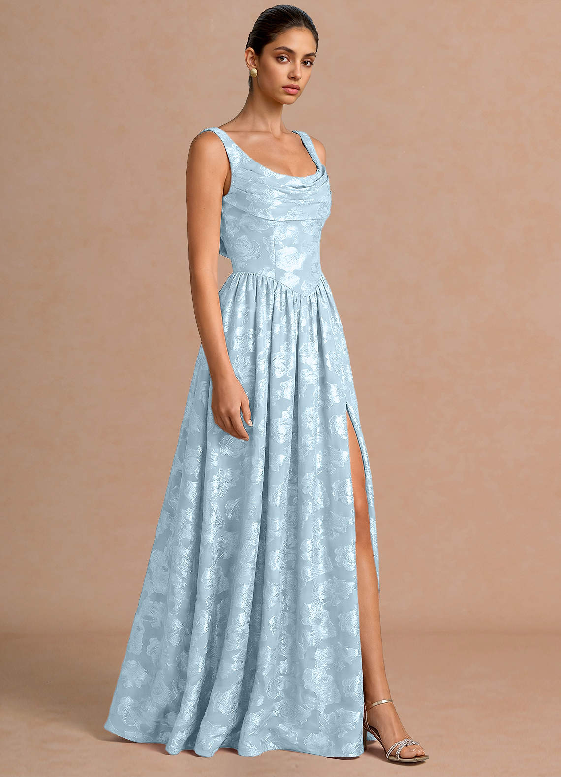 Novi A-Line Draped-Neck Floral Fil Coupé Evening Dress in Powder Blue