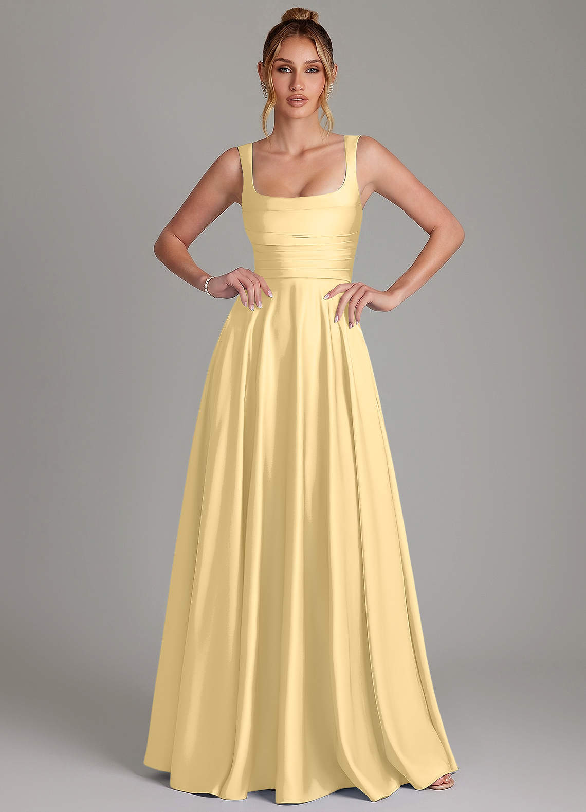 Azaria A-Line Square-Neck Stretch Satin Bridesmaid Dress in Butter