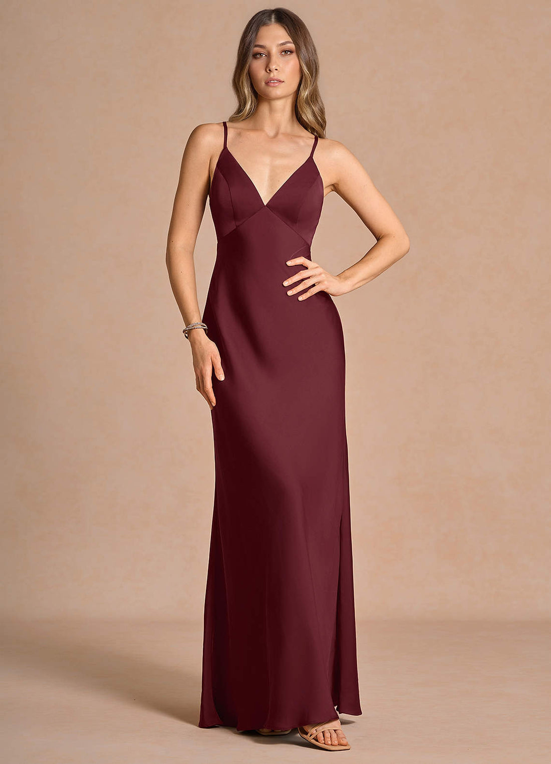 Samara Sheath Feather-Trim Satin Chiffon Wedding Guest Dress in Wine