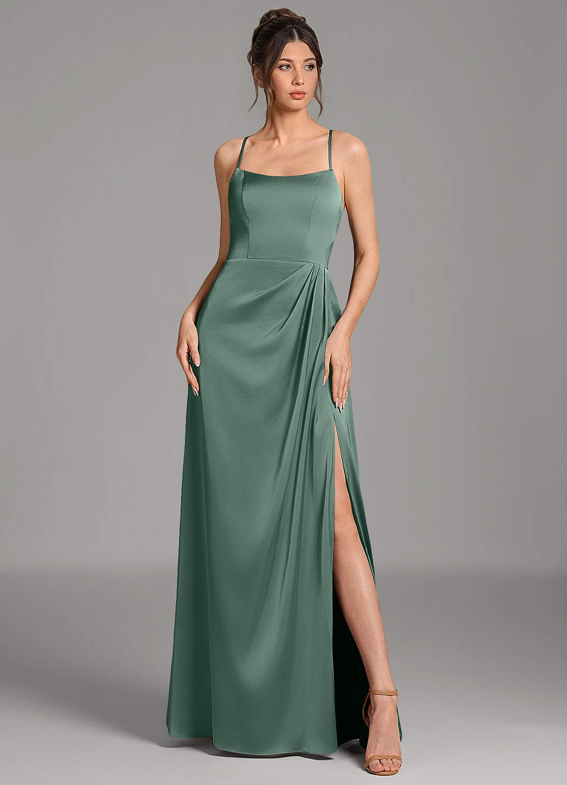 Frankie A-Line Scoop-Neck Stretch Satin Bridesmaid Dress in Eucalyptus