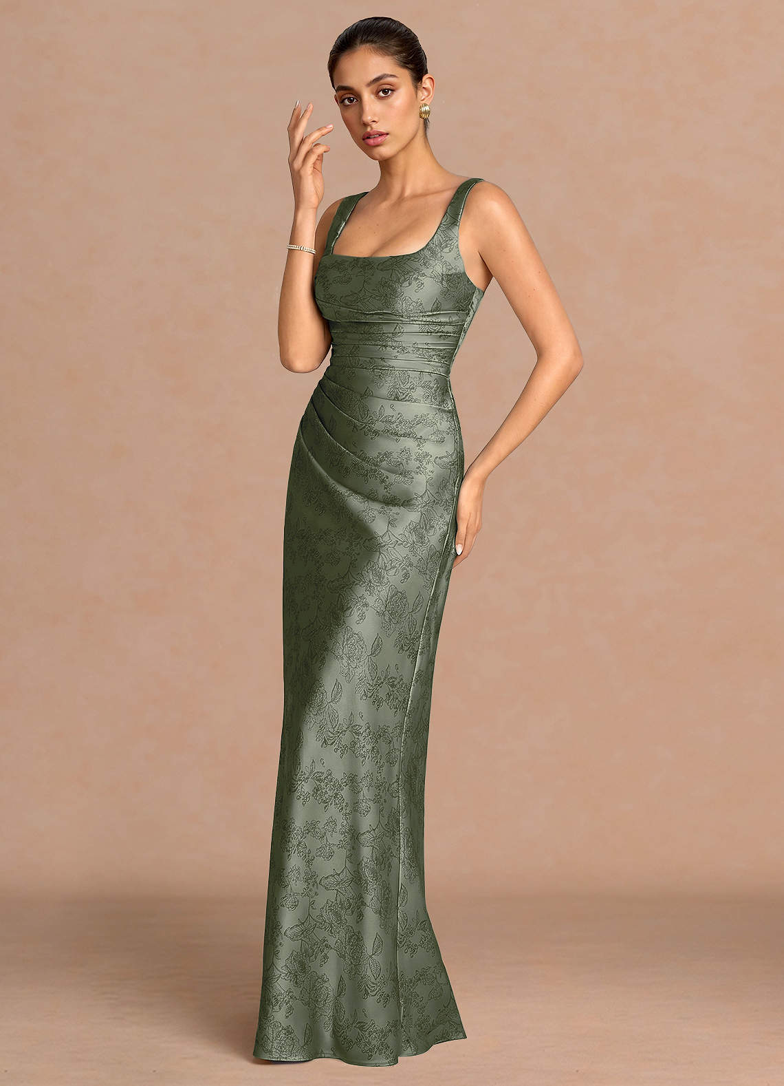 Agustina Square-Neck Pleated Jacquard Evening Dress in Moss Navy