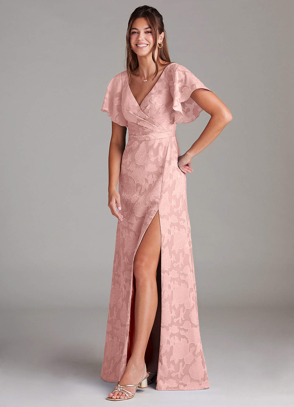 Ambrosia A-Line V-Neck Floral Burnout Bridesmaid Dress in Powder Pink