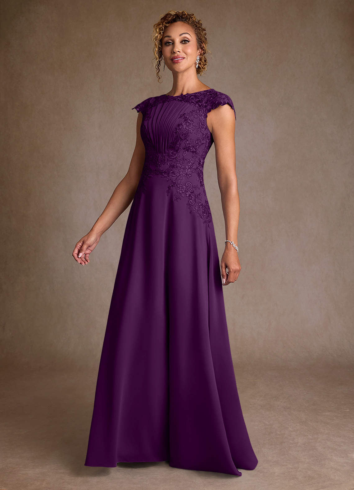 Christi A-Line Scoop-Neck Chiffon and Lace Mother of the Bride Dress in Grape