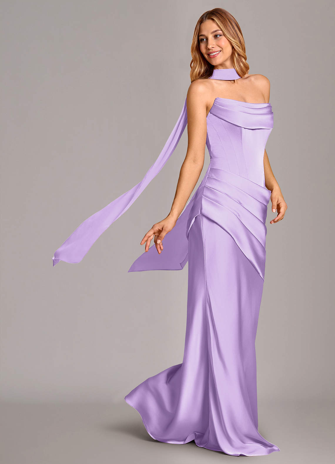 Pelagia Mermaid Cowl-Neck Stretch Satin Bridesmaid Dress in Lilac