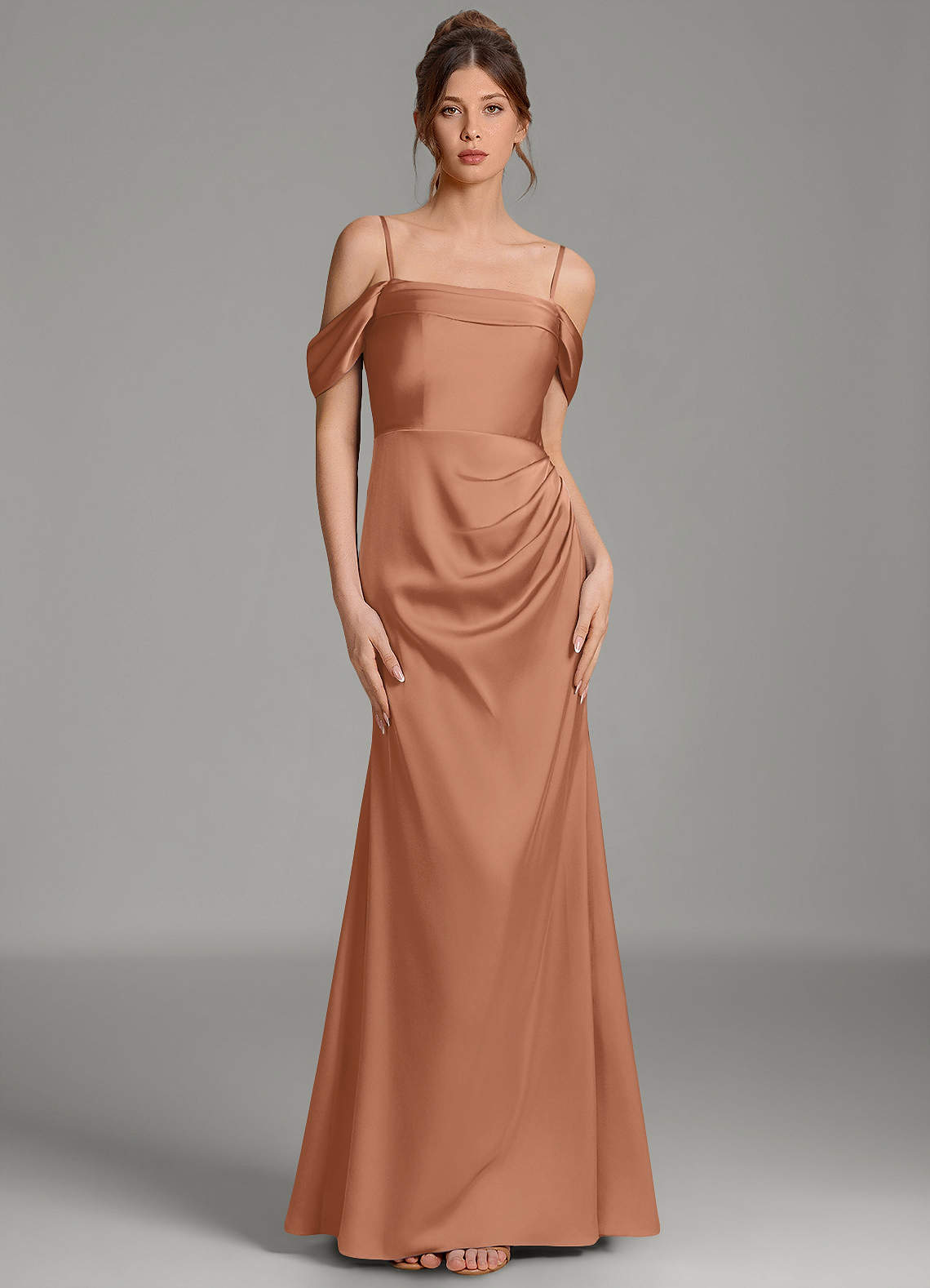 Wyatt Mermaid Off-the-Shoulder Stretch Satin Bridesmaid Dress in Bronzer