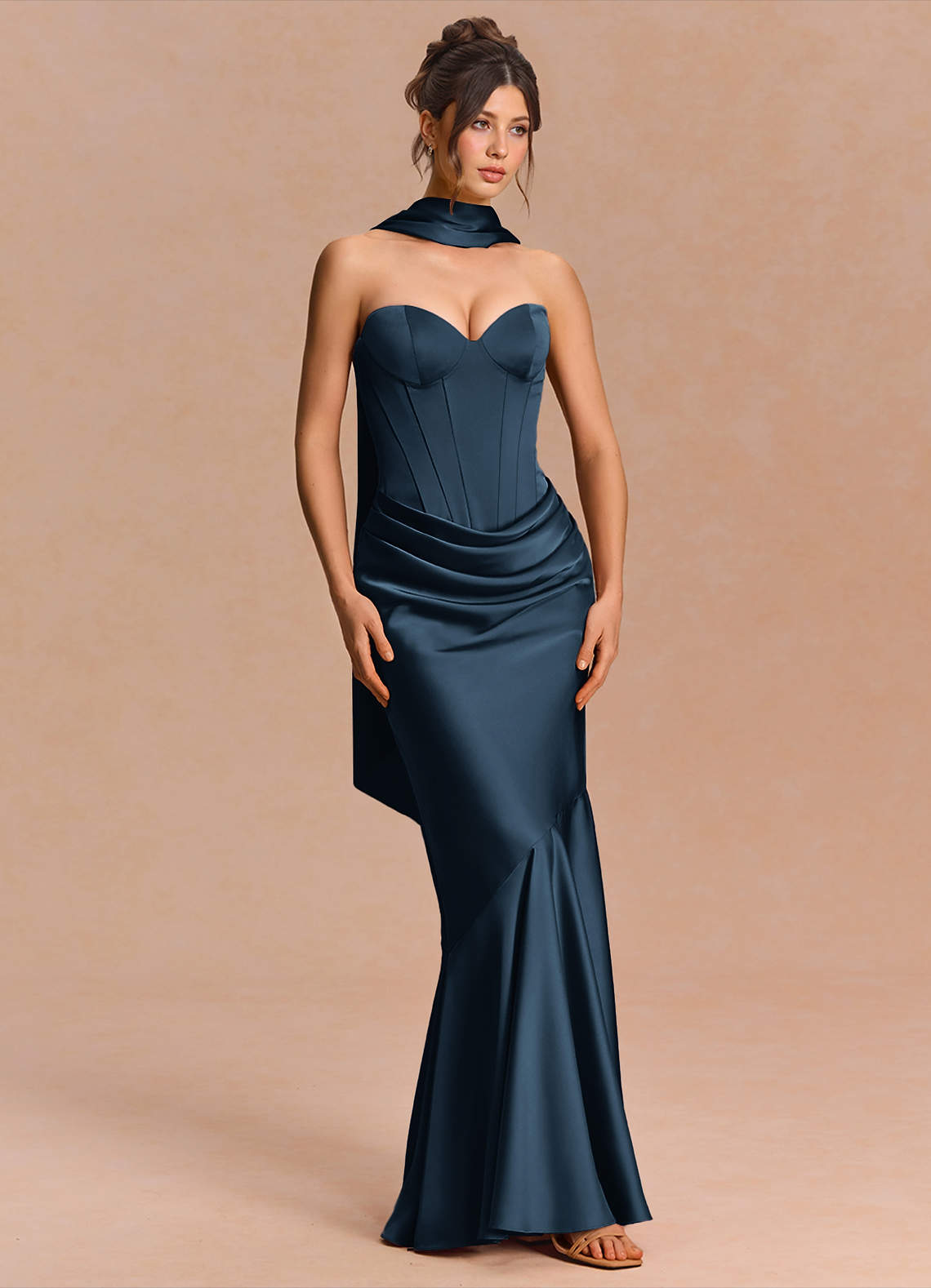 Euphemia Mermaid Strapless Stretch Satin Evening Dress in Navy