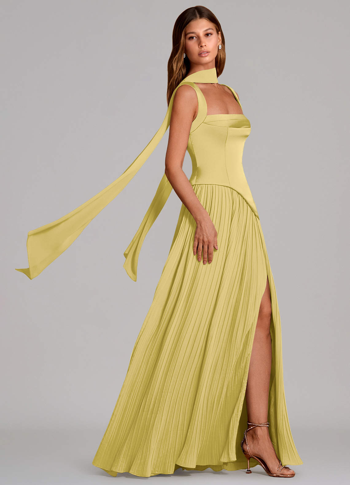 Stephanie A-Line Square-Neck Stretch Satin and Chiffon Bridesmaid Dress in Canary