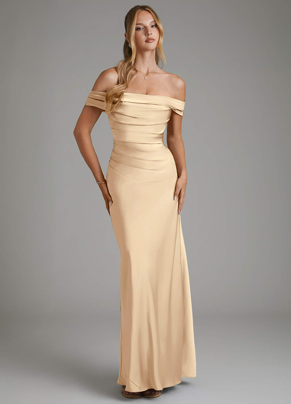 Hayden Mermaid Off-the-Shoulder Stretch Satin Bridesmaid Dress in Champagne
