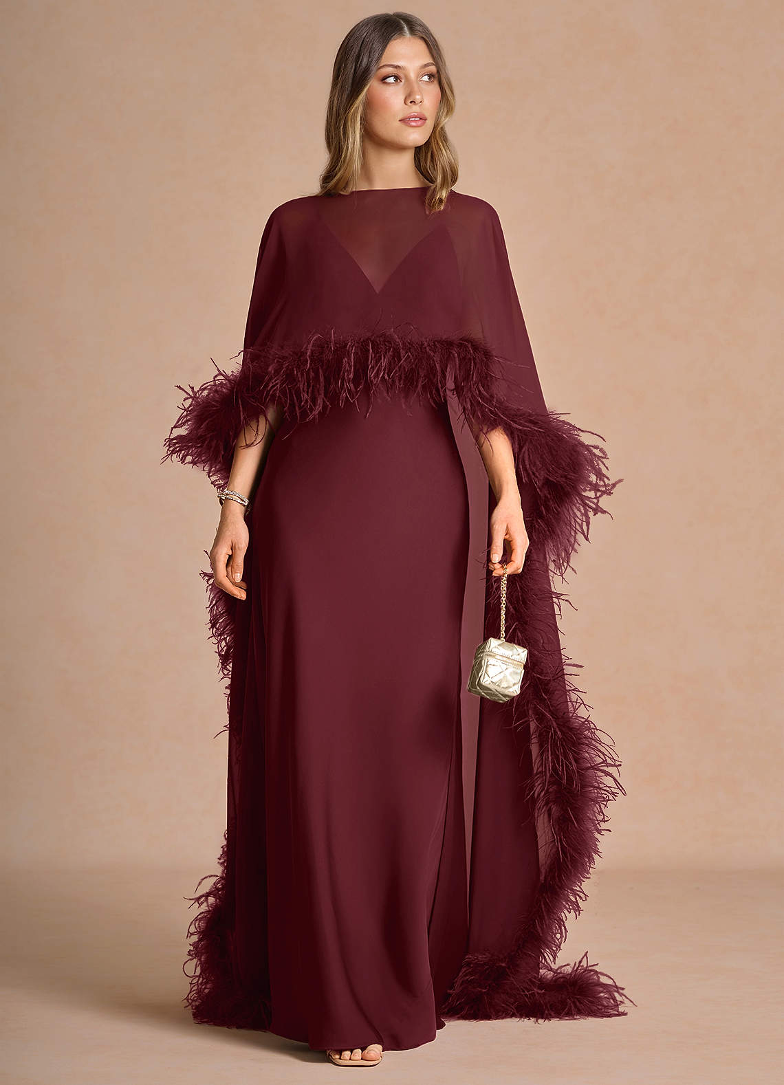 Samara Sheath Feather-Trim Satin Chiffon Wedding Guest Dress in Wine