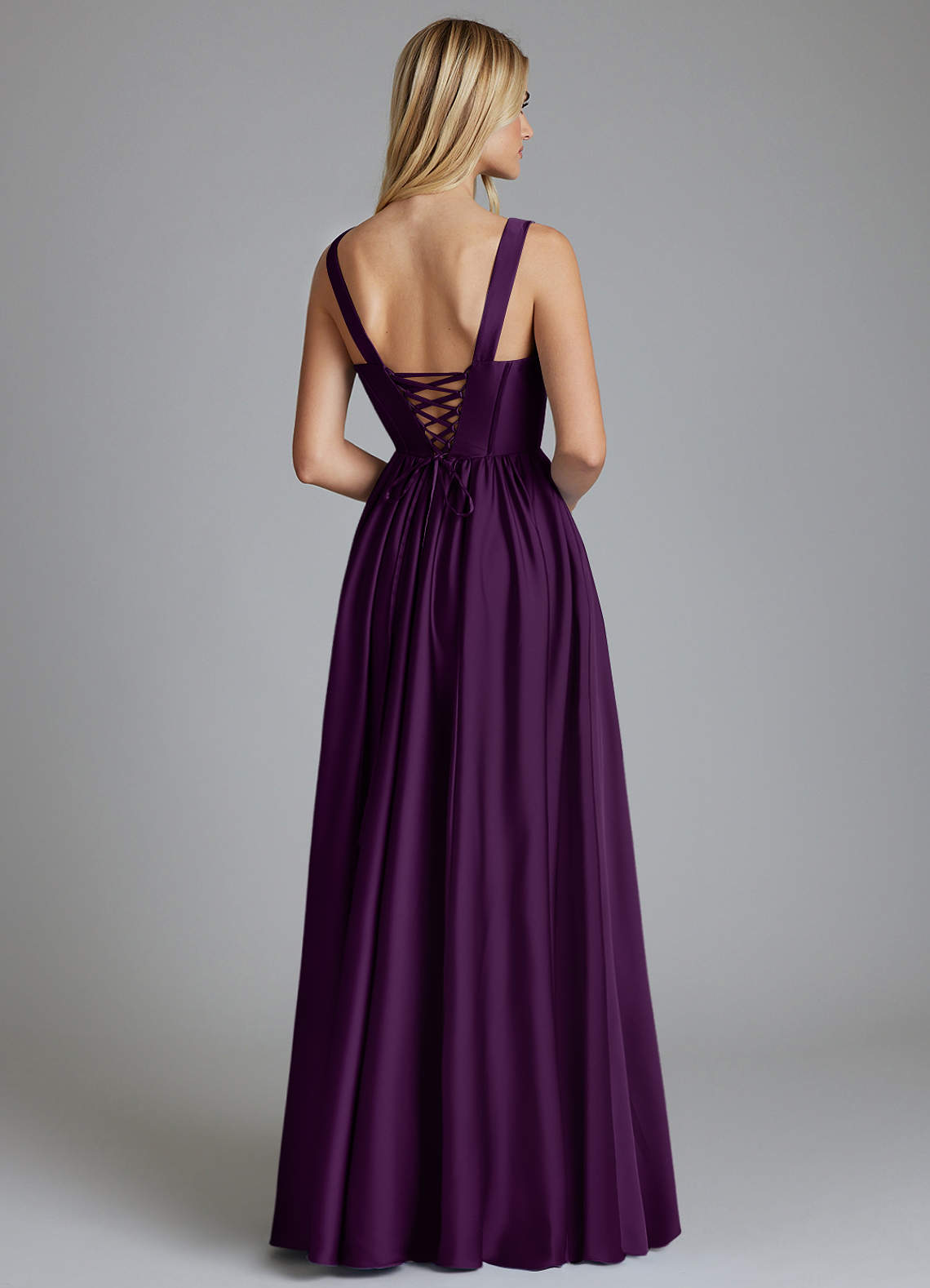 Delmie A-Line V-Neck Stretch Satin Bridesmaid Dress in Grape