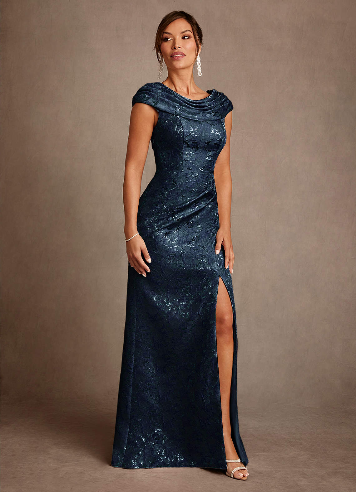 Irvine A-Line Scoop-Neck Jacquard Mother of the Bride Dress in Dark Navy