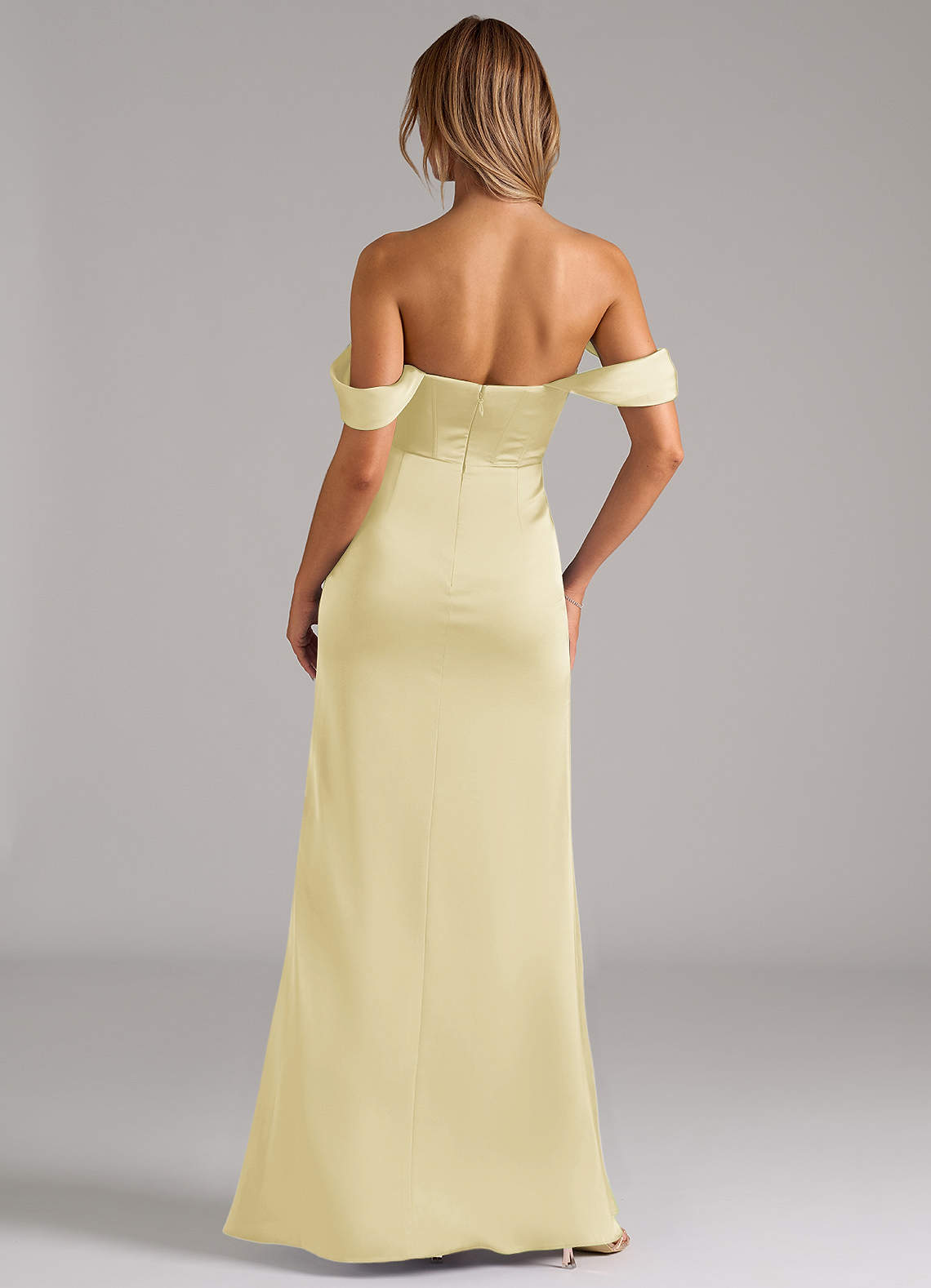 Johana Mermaid Off-the-Shoulder Stretch Satin Bridesmaid Dress in Lemon Sorbet