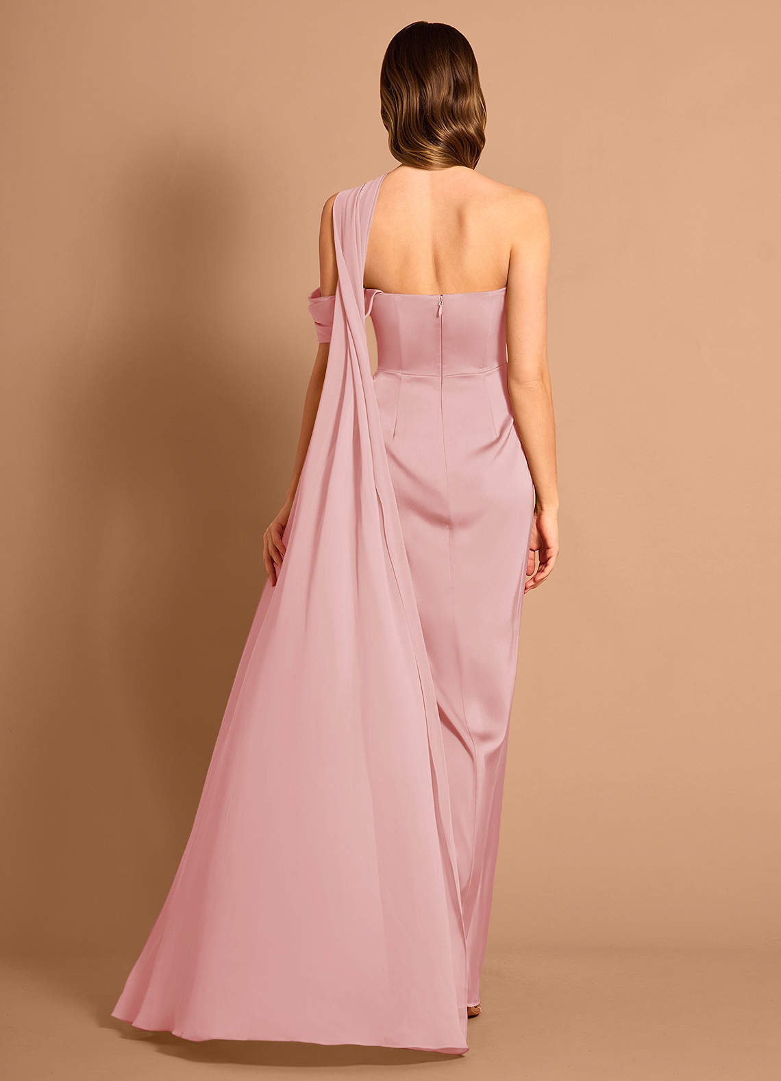 Meliora Asymmetric Strapless Chiffon-Drape Stretch Satin Evening Dress in Haze Pink
