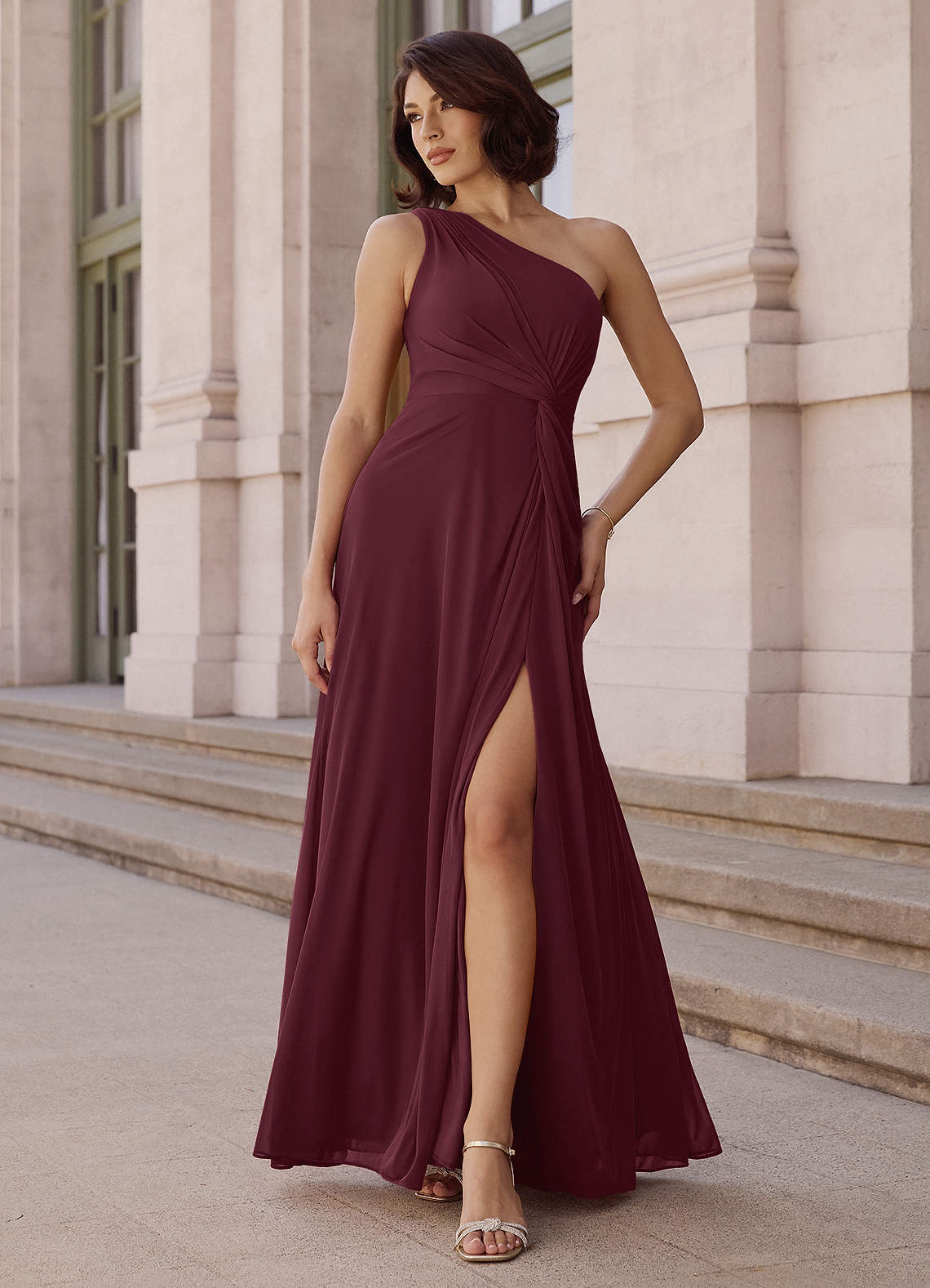 Brooke A-Line One-Shoulder Chiffon Bridesmaid Dress in Cabernet