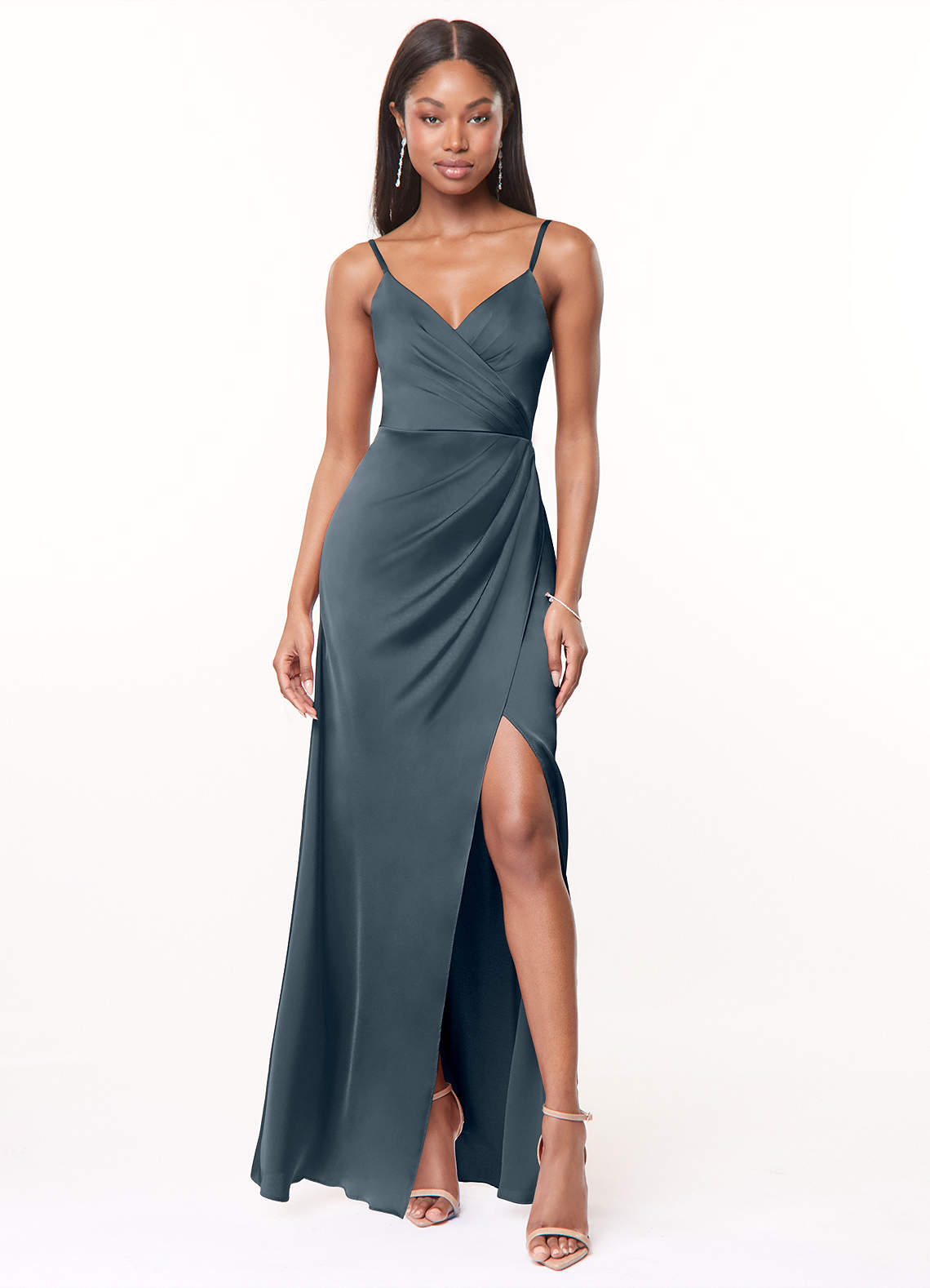 Maci A-Line V-Neck Stretch Satin Bridesmaid Dress in Twilight