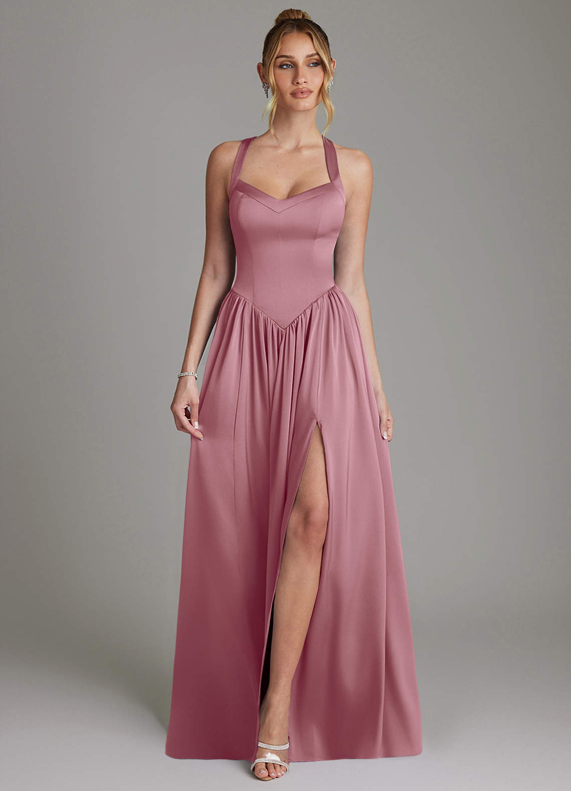 Francis A-Line V-Neck Stretch Satin Bridesmaid Dress in Vintage Mauve