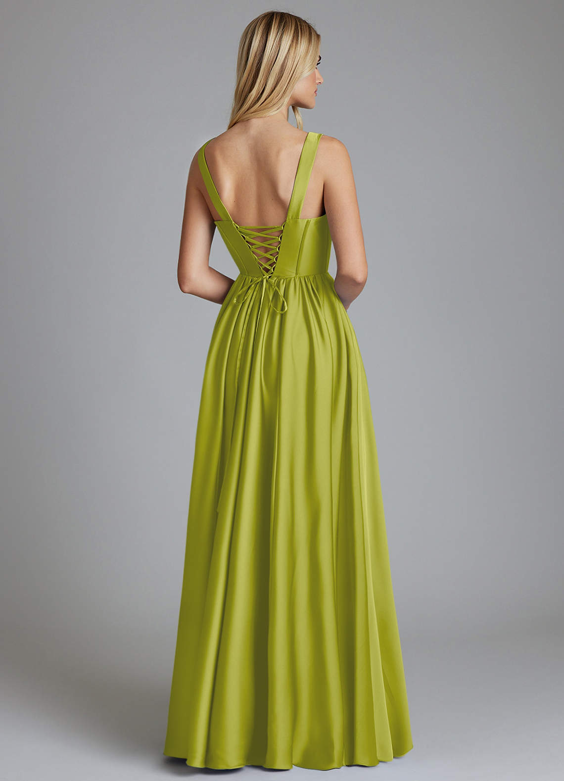 Delmie A-Line V-Neck Stretch Satin Bridesmaid Dress in Lemongrass