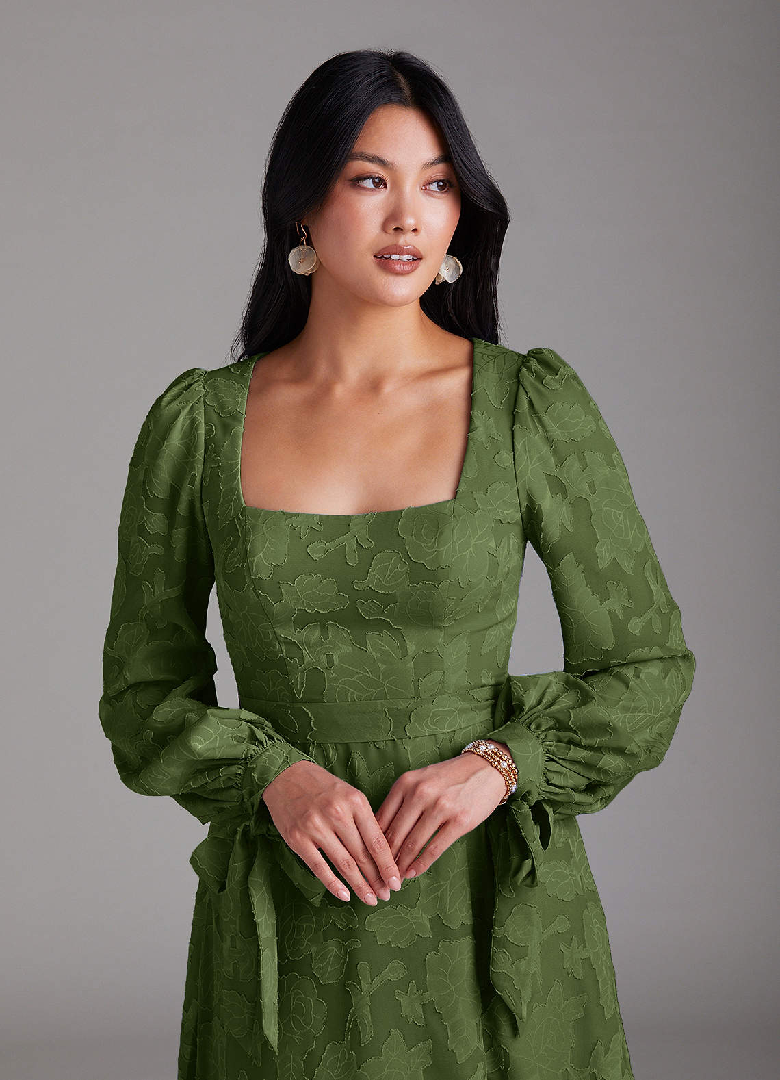 Leonia A-Line Square-Neck Stretch Satin Bridesmaid Dress in Olive