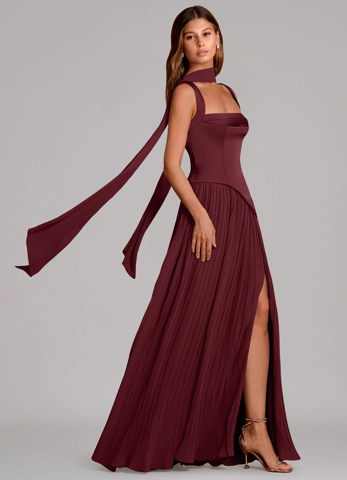 Stephanie A-Line Square-Neck Stretch Satin and Chiffon Bridesmaid Dress in Cabernet