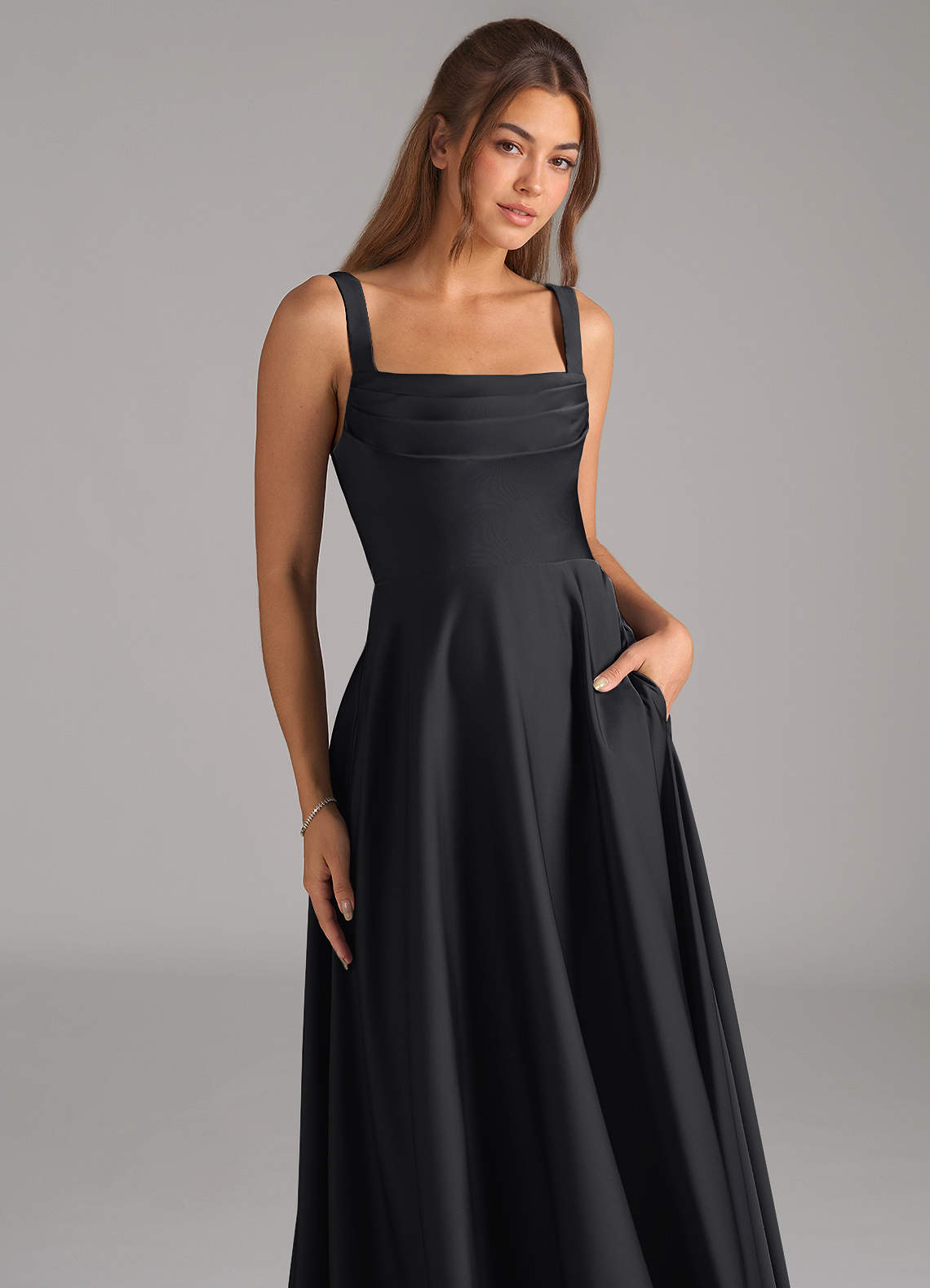 Shaude A-Line Square-Neck Stretch Satin Bridesmaid Dress in black