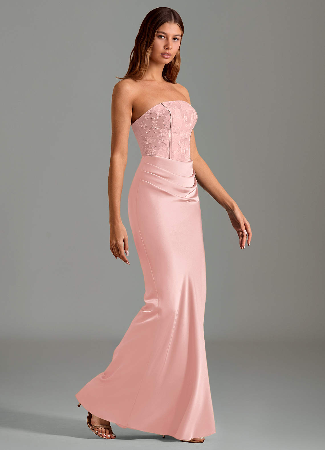 Emilia Mermaid Strapless Stretch Satin and Floral Burnout Bridesmaid Dress in Powder Pink