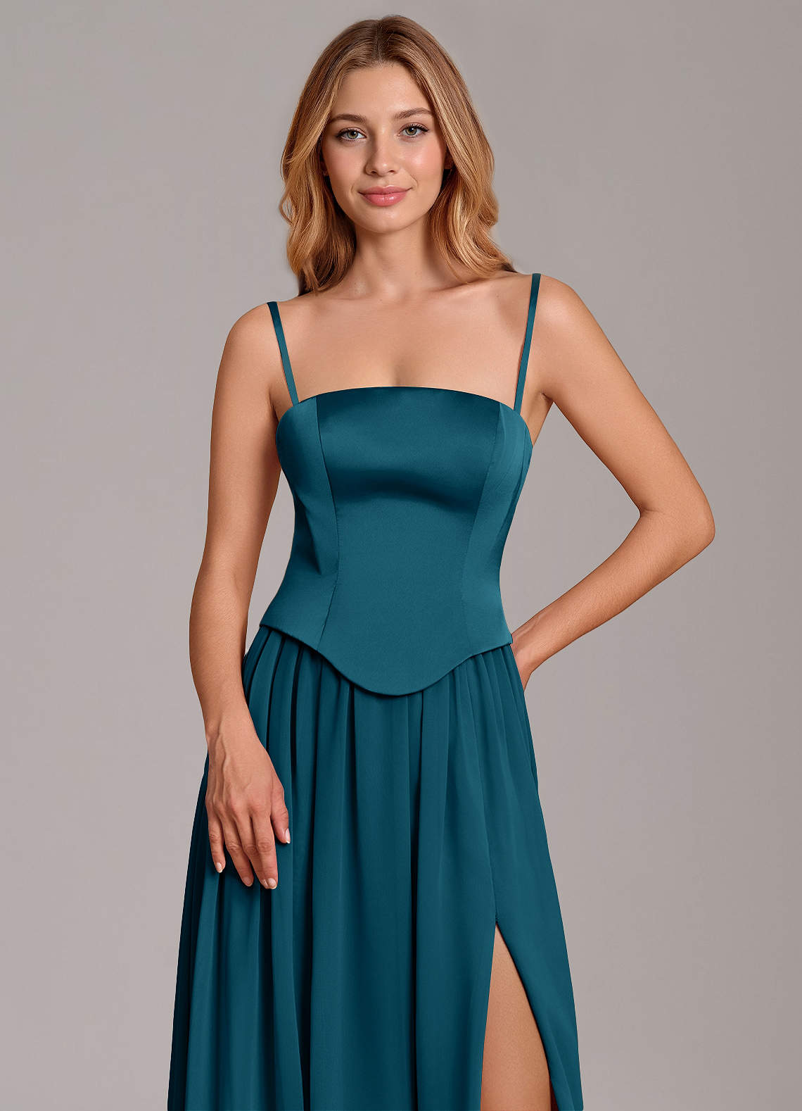 Cadence A-Line Strapless Chiffon and Stretch Satin Bridesmaid Dress in Ink Blue