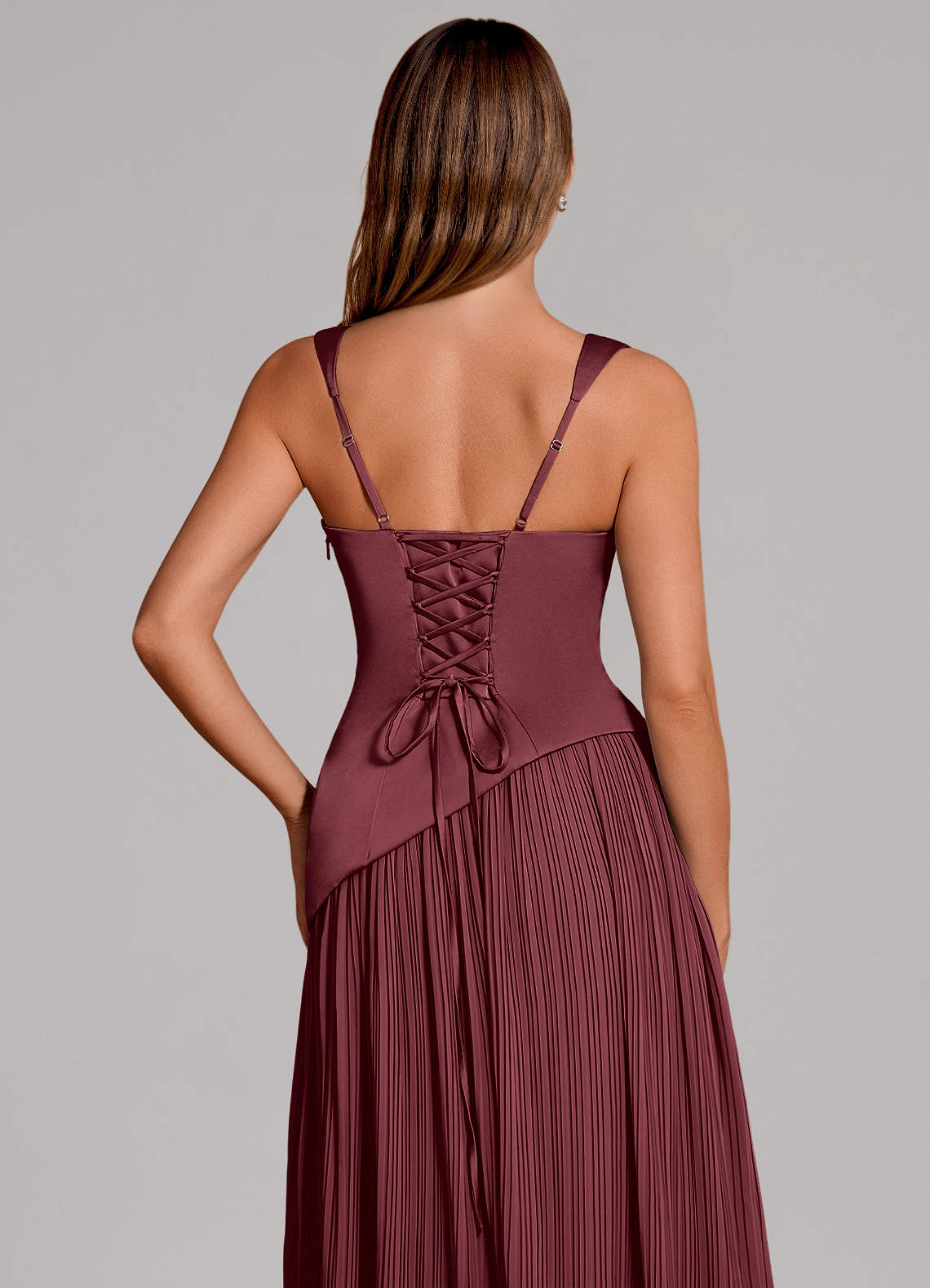 Stephanie A-Line Square-Neck Stretch Satin and Chiffon Bridesmaid Dress in Merlot